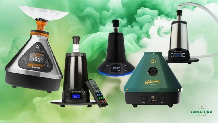 Storz & Bickel Volcano Hybrid and Classic tabletop vaporisers, Arizer XQ2, V-Tower and Extreme Q; the Canatura logo is at the bottom right