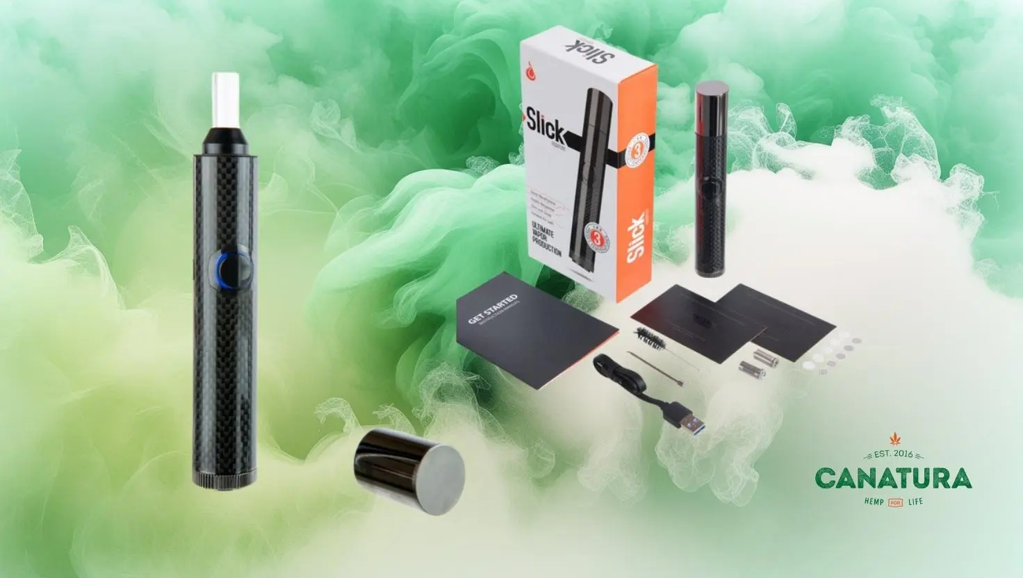 Flowermate Slick vaporiser with accessories, complete with Canatura logo