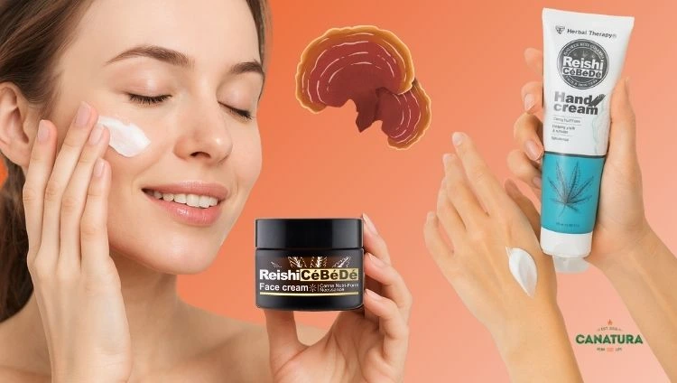  woman holds a reishi skin cream in her hand and applies it to her face, another woman's hands hold a reishi hand cream, with a reishi mushroom in the middle