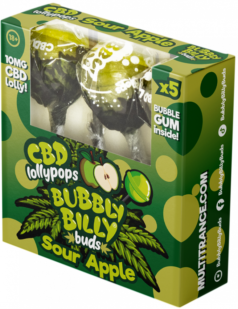 Bubbly Billy Buds 10 mg CBD cukríky v kyslom jablku s bublinkovou žuvačkou vo vnútri – darčeková krabička (5 cukríkov), 100 g