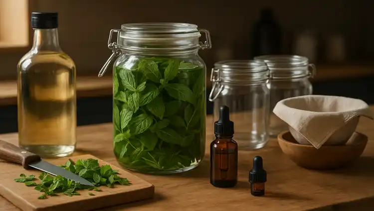 Tools for making herbal tinctures at home: fresh herbs, jars, a filter, alcohol, and dropper bottles on a wooden table.