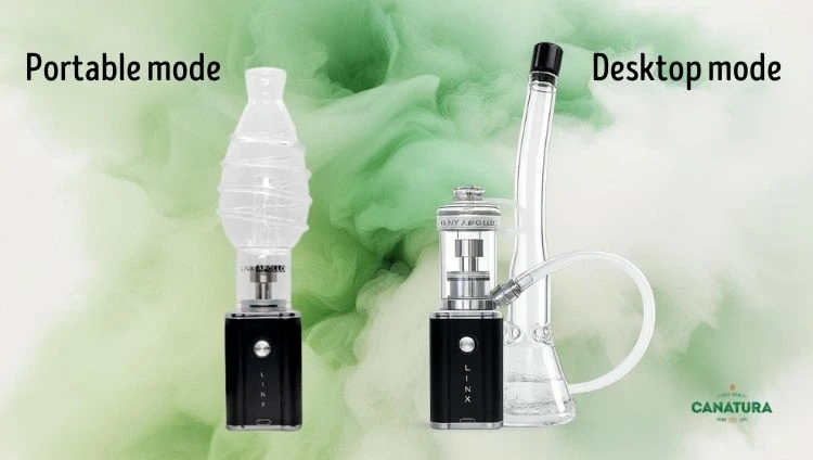 Portable (with bubbler) vs. desktop mode (connected to a hookah) of the Linx Apollo vaporiser