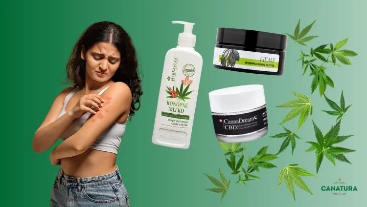 Does hemp cream help with dry skin? A woman with irritated skin and a selection of hemp cosmetics for hydration, moisturizing, and daily care of dry skin; industrial hemp leaves; the Canatura logo at the bottom right