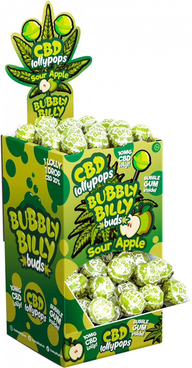 Bubbly Billy Buds 10 mg CBD Lízátka Kyselé Jablko se žvýkačkou uvnitř - Display Box (100 Lízátek), 1800 g