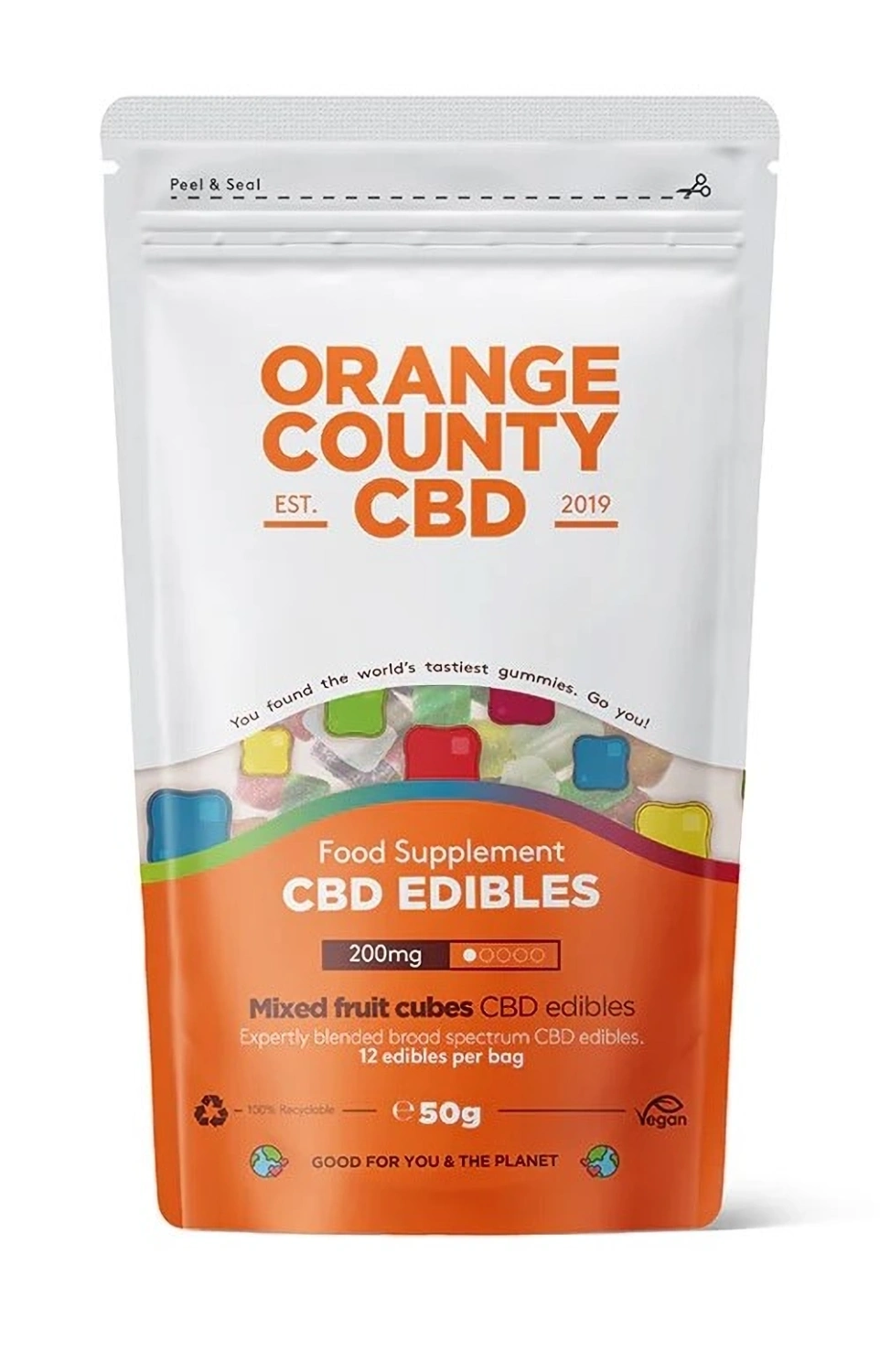 Orange County CBD Kocky, vrecko na uchopenie, 200 mg CBD, 12 ks, 50 g