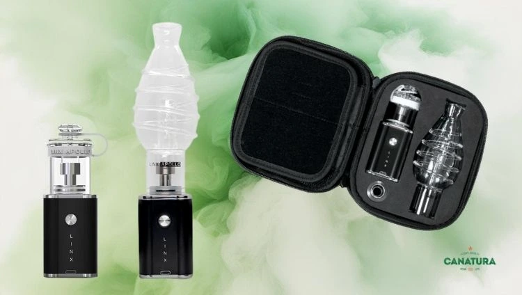 Linx Apollo vaporiser with and without a bubbler and its case, Canatura logo bottom right