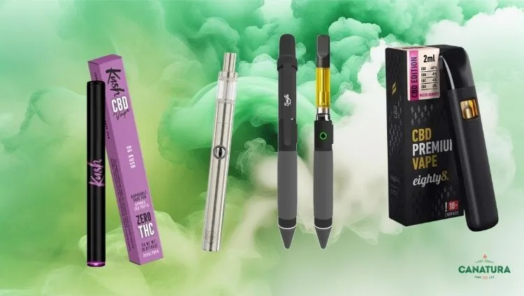 Vape pens with CBD cartridges – Kush CBD vape pens, 510 batteries, and Eighty8 CBD vape cartridges; Canatura logo at the bottom right