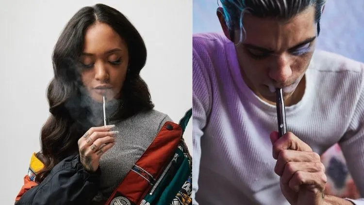 Muž a žena vapující s vaporizérem Puffco Plus