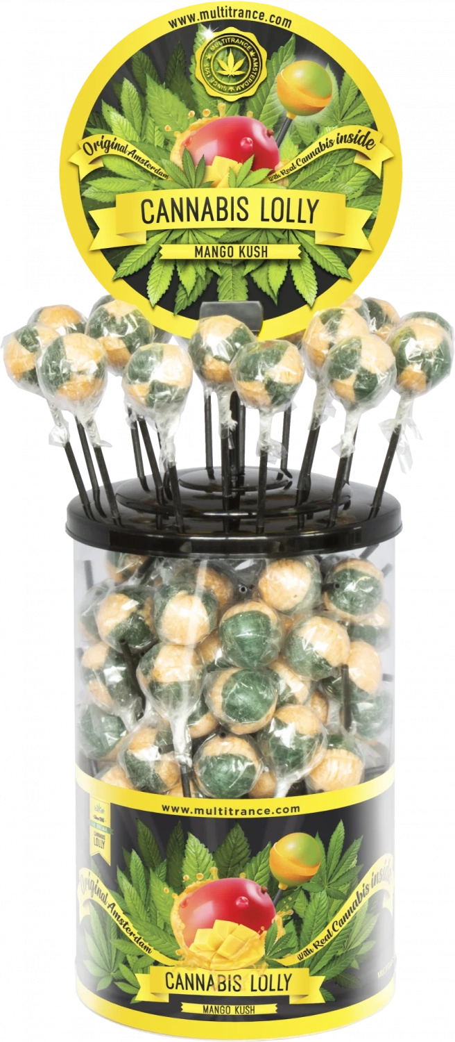 Cannabis Mango Kush Lollies – Displaycontainer (100 Lollies), 1800 g