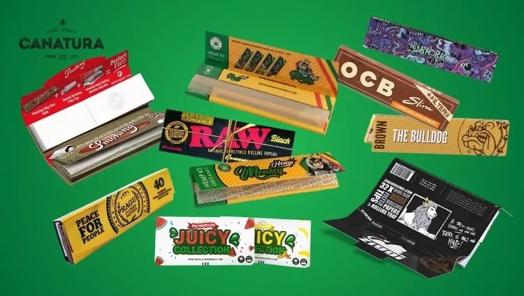 Various rolling papers from brands such as RAW, OCB, Smoking, Monkey King, Euphoria, The Bulldog, Royal Queen Seeds, Prague Filters & Papers, and Ziggi