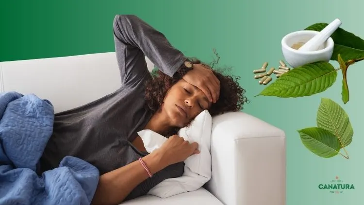 Tired woman lying on a couch experiencing kratom withdrawal, kratom leaves, powder and capsules, Canatura logo in the bottom right corner