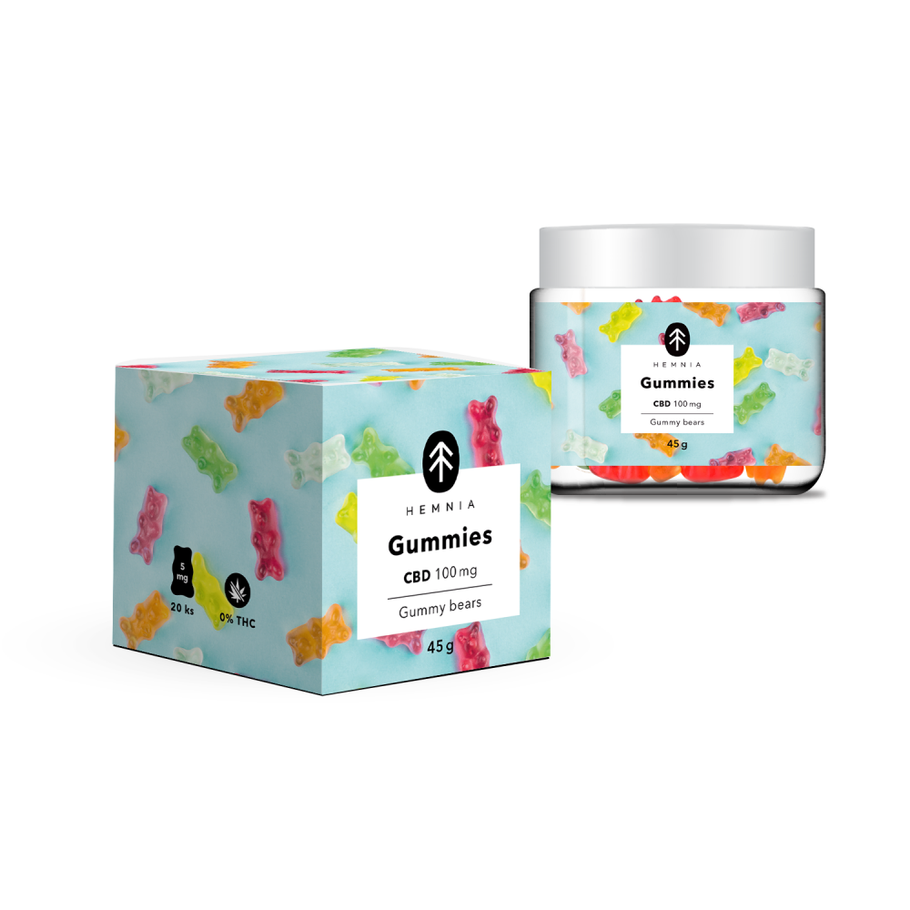 Hemnia Gumové medvedíky CBD, čerešňa, kiwi, ananás, jahoda, 100 mg CBD, 20 ks x 5 mg, 45 g