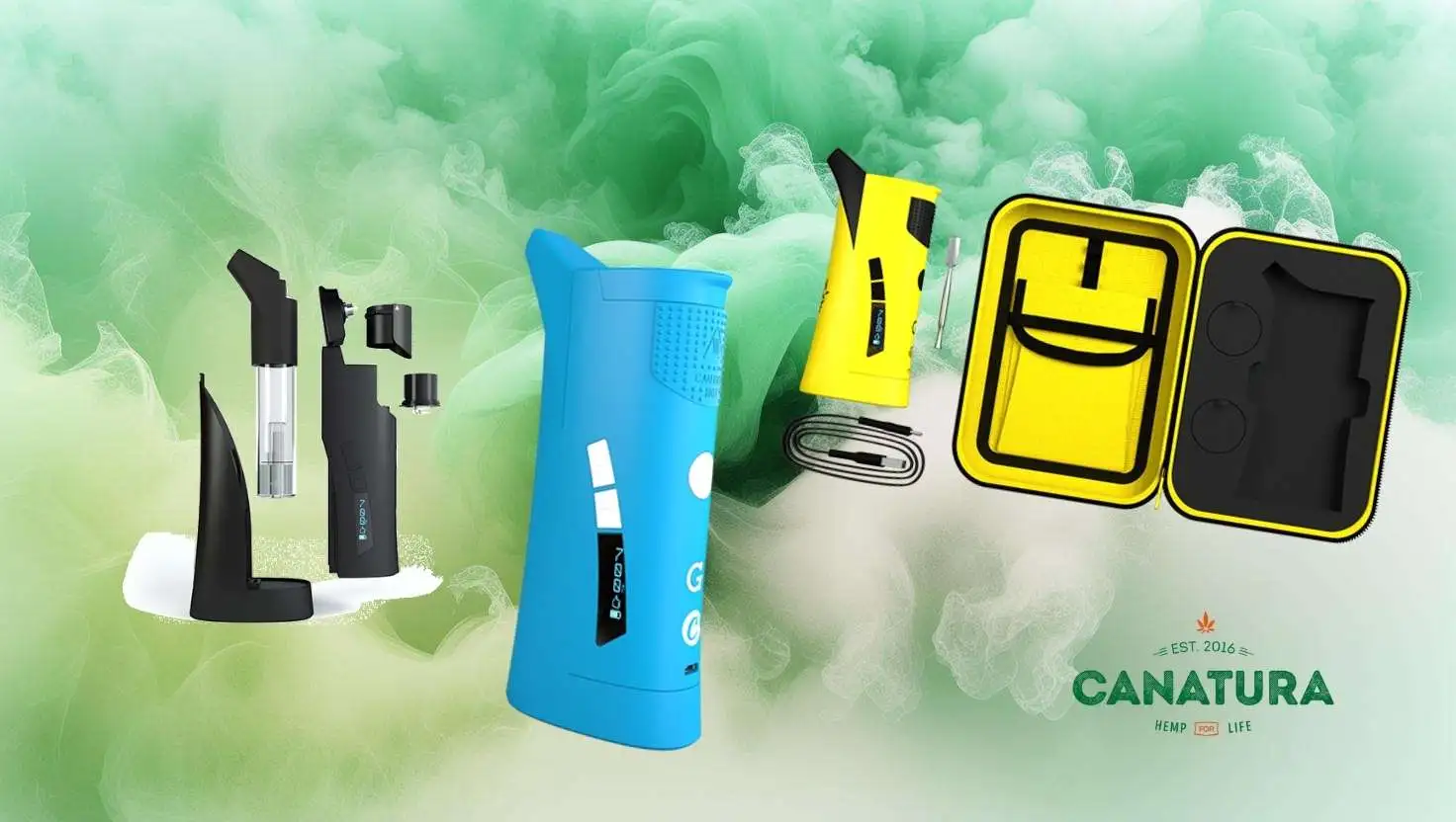 G Pen Roam vaporizers – standard black version, x Lemonnade edition in yellow and x Cookies in blue, including accessories and travel case, Canatura logo at the bottom right
