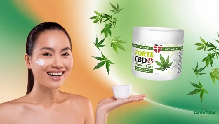 A woman applies hemp cream to her skin; on the right is Palacio CBD hemp gel, industrial hemp leaves, and the Canatura logo at the bottom right