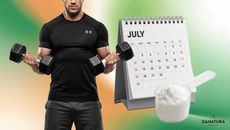 Consistency is key: a man exercising with dumbbells, a desk calendar and creatine powder in a measuring cup, with the Canatura logo in the lower right corner.