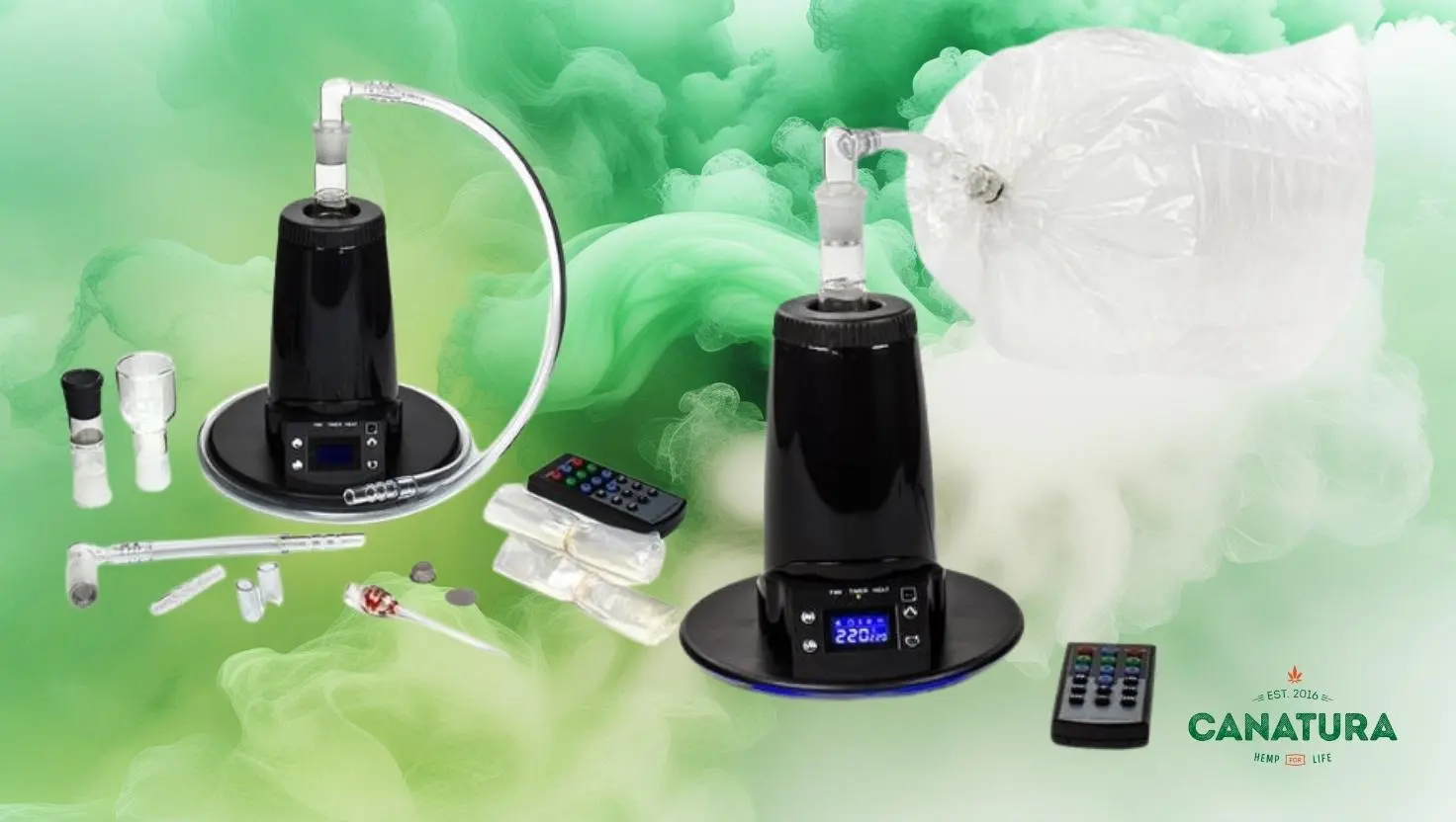 Arizer Extreme Q vaporizer with accessories and inflated balloon, Canatura logo at bottom right