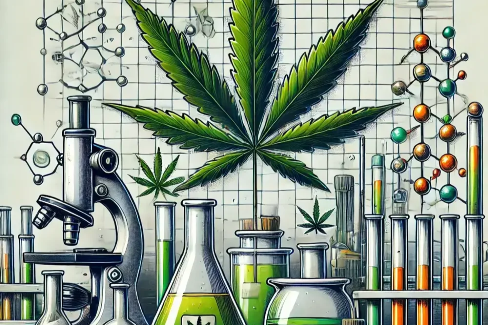 Laboratory where HHCPM is produced, large cannabis leaf, microscope and other equipment such as flasks with HHCPM distillate