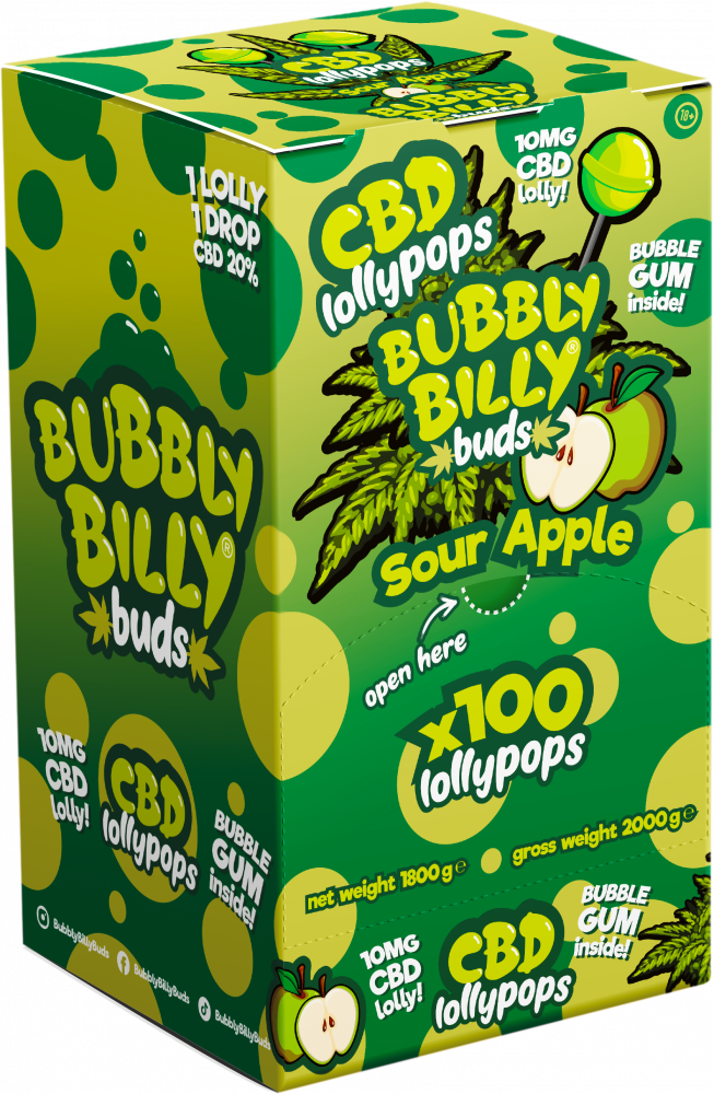 Bubbly Billy Púčiky 10 mg CBD kyslé jablkové lízanky s žuvačkou vo vnútri – vitrína (100 lízaniek), 1800 g
