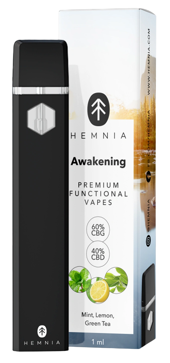 Hemnia Prémiové funkčné Vape Pen Awakening – 40 % CBD, 60 % CBG, mäta, citrón, zelený čaj, 1 ml