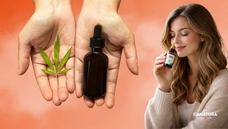Woman smelling CBD oil, with hands holding cannabis and a bottle of CBD to her left, and the Canatura logo at the bottom right