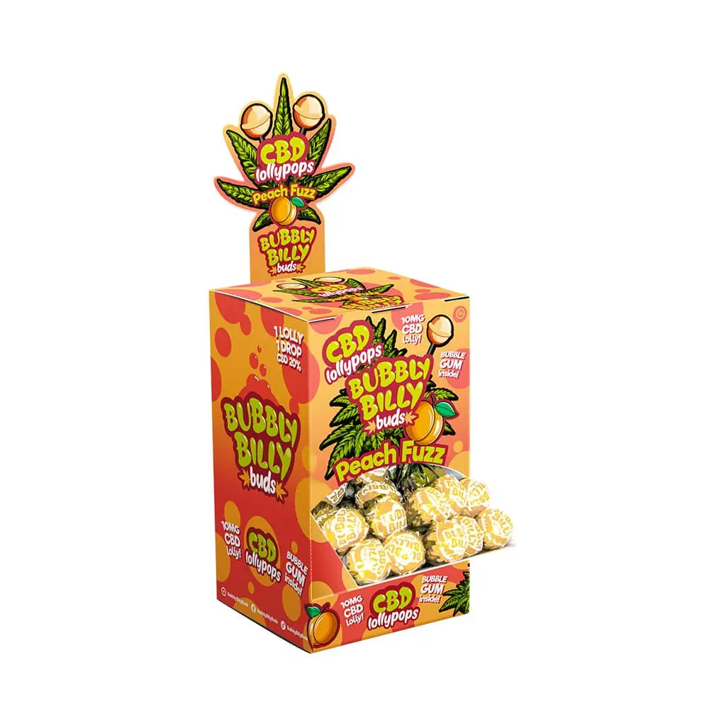 Bubbly Billy Buds 10 mg CBD Lízátka Peach Fuzz - Display Box (100 Lízátek), 2000 g