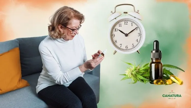 An elderly lady looking at a CBD oil label, next to her an alarm clock and a bottle of CBD oil