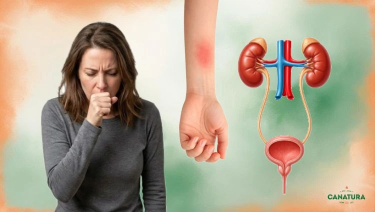 A woman who is coughing, an irritated area on the skin of the hand, the urinary tract