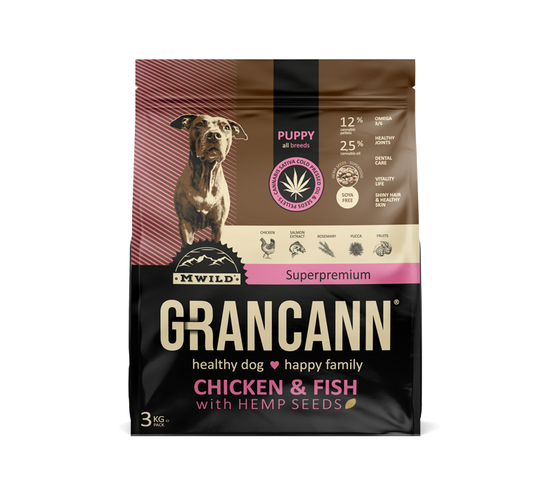 Grancann Kip & Vis met Hennepzaad - Hennepvoer voor puppy's van alle rassen, 3kg