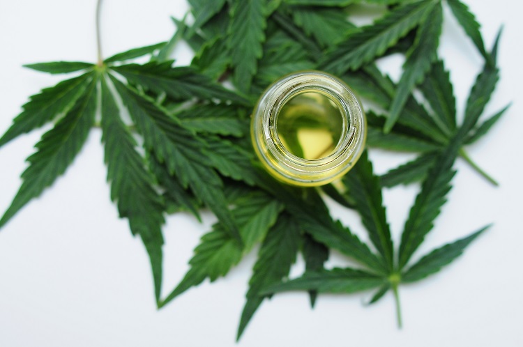 Cannabis leaves and top view of H4CBD distillate in a glass container