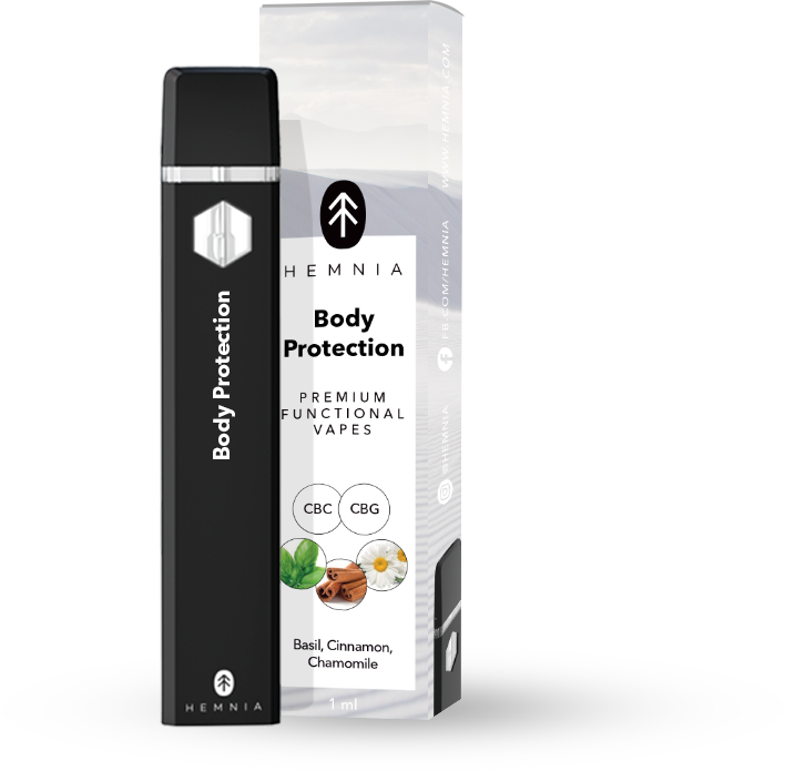 Hemnia Prémiové funkčné CBC a CBG pero na vapovanie Body Protection - 20 % CBC, 75 % CBG, Bazalka, Škorica, Harmanček, 1ml