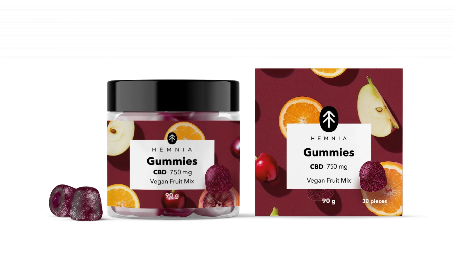 Hemnia CBD Vegane Gummibärchen, Fruchtmix, 750 mg CBD, 30 Stück x 25 mg, 90 g