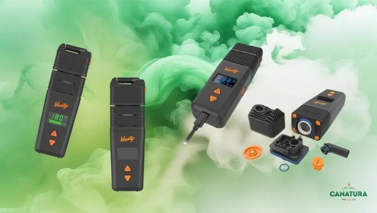 The best portable herb vaporizer, the Venty by Storz & Bickel; the Canatura logo is at the bottom right