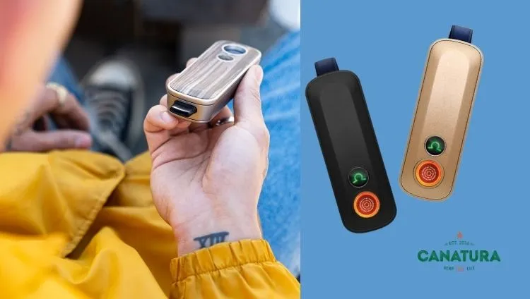 Firefly 2+ vaporizers in black, gold and zebra wood variants – detail of the handheld device and product display, Canatura logo at the bottom right