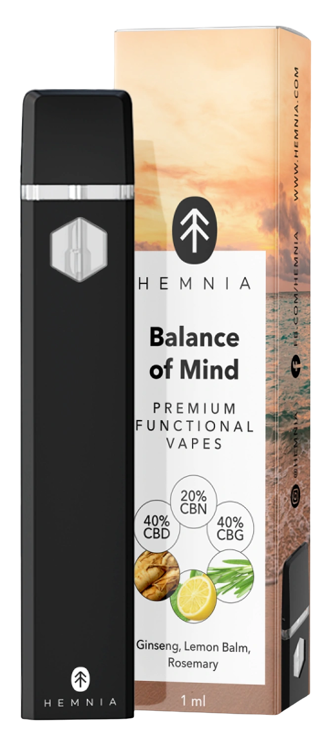 Hemnia Premium Functional Vape Pen Blance of Mind - 40 % CBD, 40 % CBG, 20 % CBN, Ginseng, Zitronenmelisse, Rosmarin, 1 ml