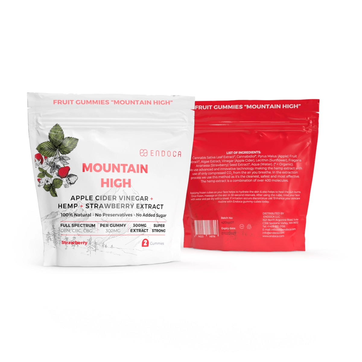 Endoca CBD gumi bonboni „Mountain High“, 300 mg CBD, okus jagode, 2 kosa, 4 g