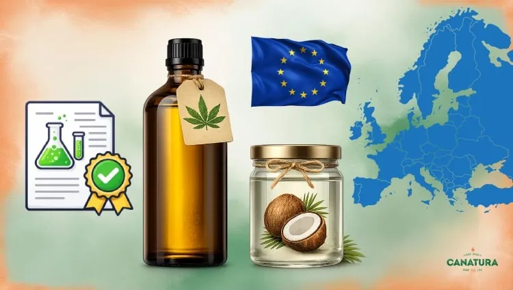 From left: laboratory test icon, bottle of hemp oil, jar of coconut oil, European Union flag, map of Europe, Canatura logo at bottom right.