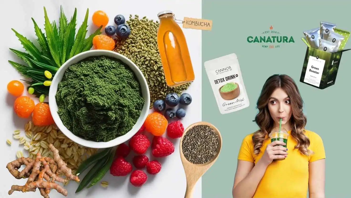 Various superfoods and green foods such as spirulina, chlorella, turmeric, green barley, kombucha and more, on the left a woman drinking a green drink, around her are Hemnia Green Booster Drink Vitality containing superfoods and Cannor Detox Drink, complete with Canatura logo