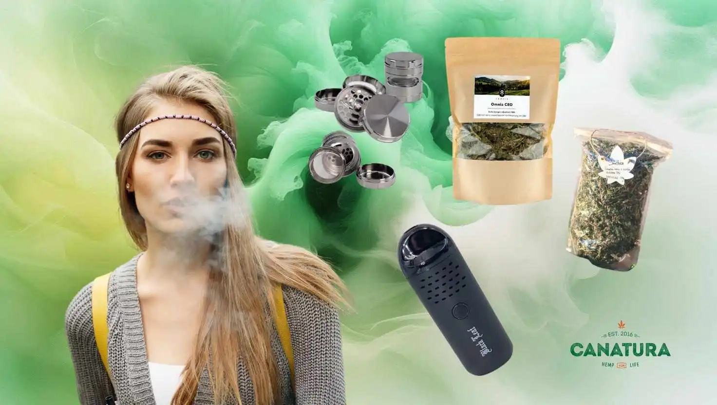 Illustration of the most common mistakes when vaping – a woman vaping herbs, next to her a vaporiser, a grinder and a package of dried mixtures, with the Canatura logo at the bottom right