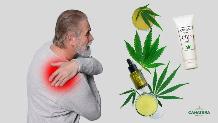 An elderly man with shoulder pain, next to him products with CBD oil and cannabis leaves – CBD cream and oil to help with rheumatism and joint pain