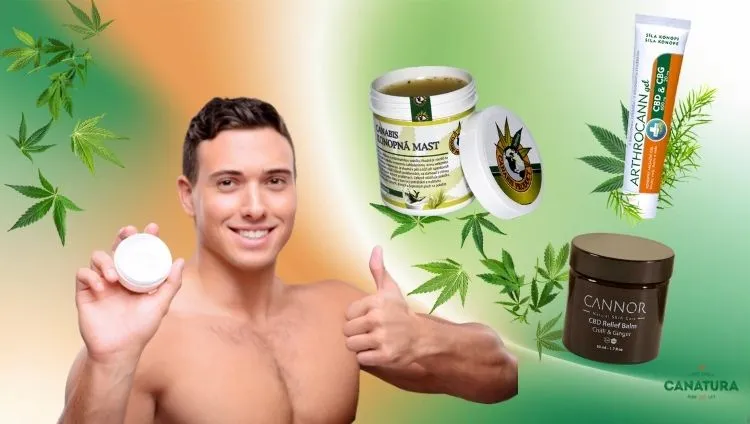 A man holds hemp cream and gives a thumbs up; commonly available hemp cosmetics have minimal or no THC and do not show up in drug tests, various hemp ointments and creams, bottom right: Canatura logo