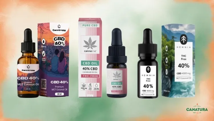 40% CBD oils on Canatura: full-spectrum Canntropy, broad-spectrum CANNALINE, isolate Hemnia, Canatura logo at bottom right.