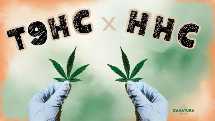The text ‘T9HC vs. HHC’, with a gloved hand holding a cannabis leaf on both the left and right, and the Canatura logo at the bottom right