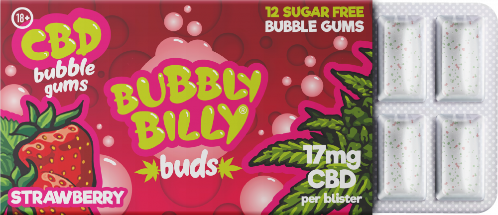 Bubbly Billy Žuvačka s príchuťou jahôd Buds (17 mg CBD), 17 g