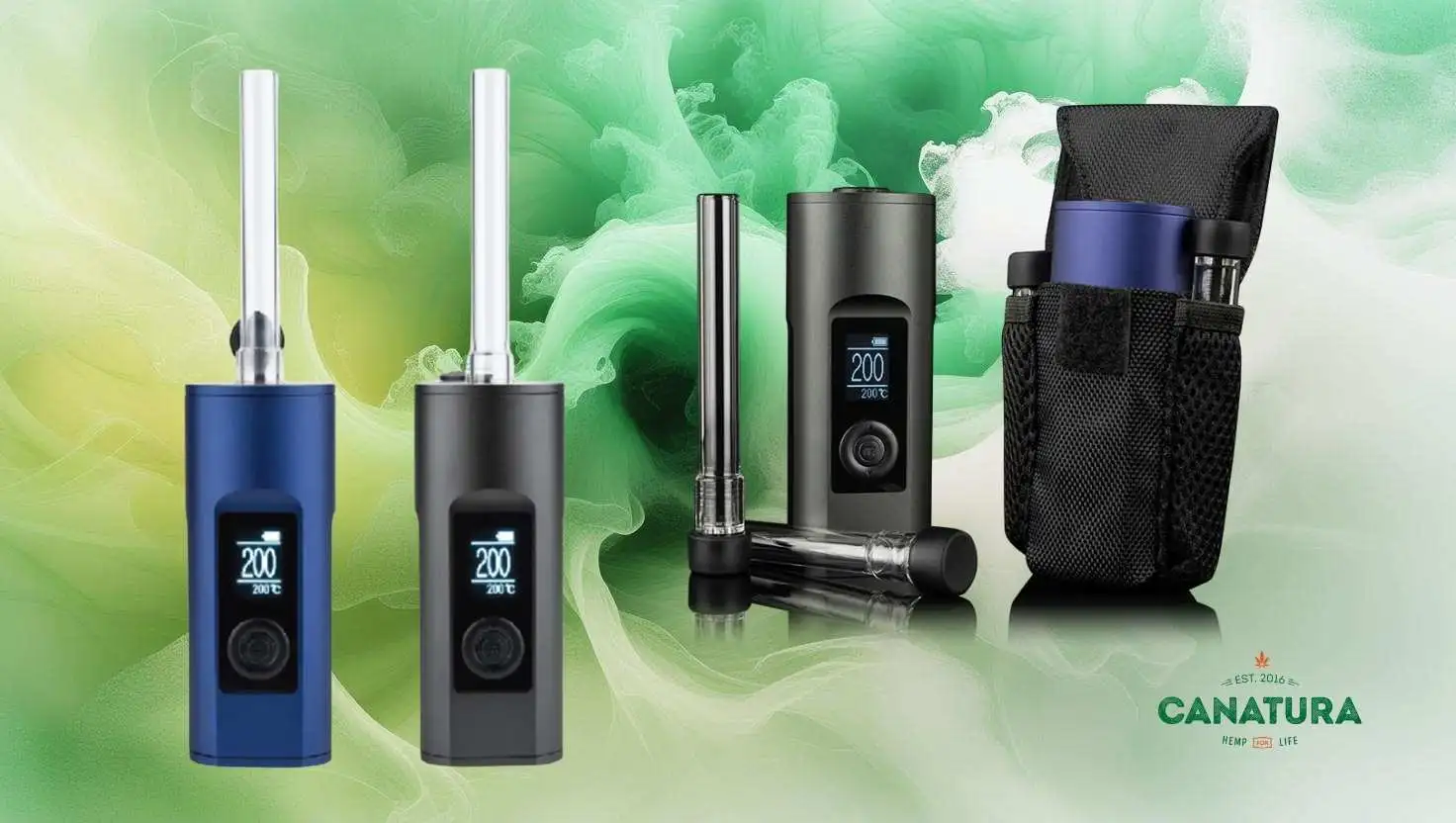 Arizer Solo 2 vaporizers in black and blue, travel case and other accessories on a green and white background resembling vapour, with the Canatura logo at the bottom right