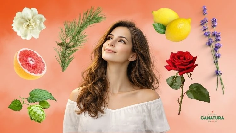 A woman surrounded by herbs, citrus fruits and other raw materials from which terpenes are obtained, with the Canatura logo in the bottom right corner