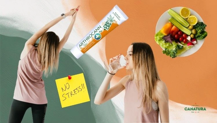 One woman is exercising, another is drinking water, next to them is a plate of healthy food, CBD cream for arthritis and a note with the text "No stress"