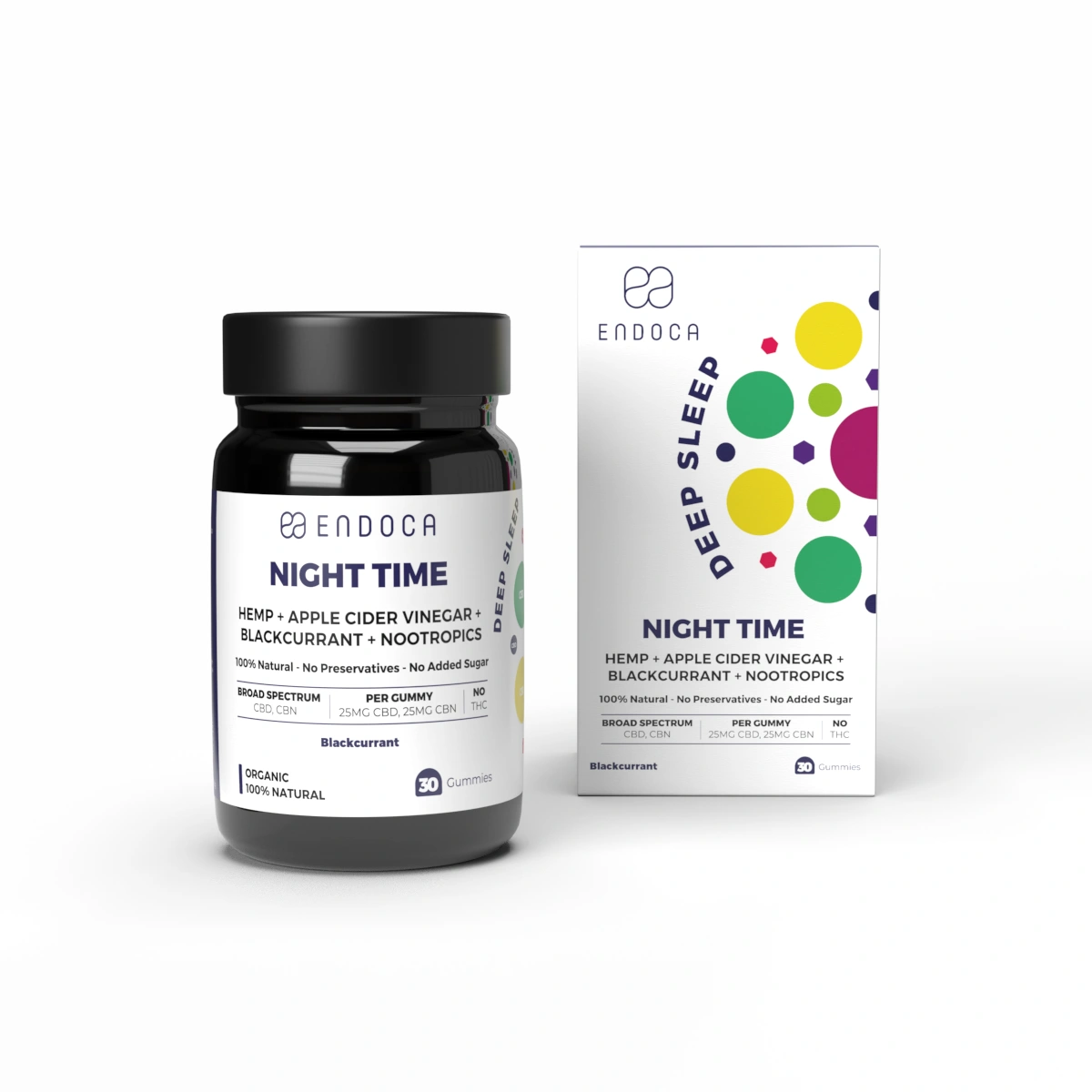Endoca CBD Gummies Night Time, 300 mg CBD,  25 mg CBN, příchuť černého rybízu, 30 ks, 60 g