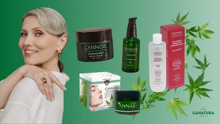 A woman with mature skin and a selection of hemp-based cosmetics from the brands Cannor, Palacio, and Epiderma for the care of dry and dehydrated skin; industrial hemp leaves; the Canatura logo at the bottom right