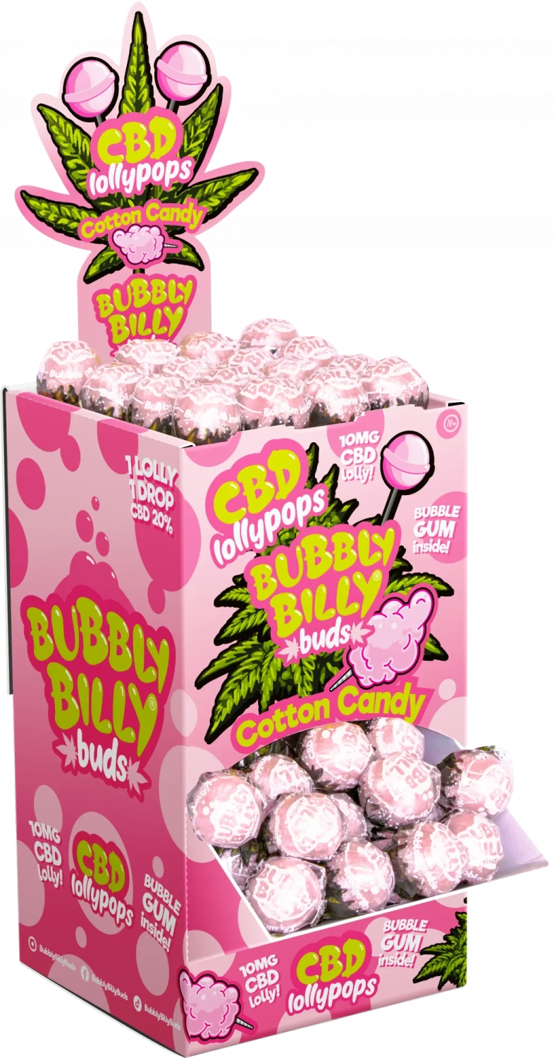 Bubbly Billy Buds 10 mg CBD Cotton Candy lízátka se žvýkačkou uvnitř - Display Box (100 lízátek), 1800 g