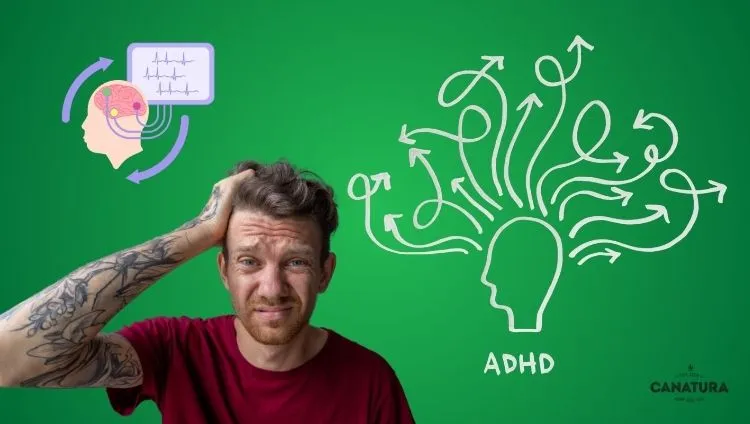 Man with attention deficit disorder holding his head, ADHD symbols and illustration of the brain on a green background, Canatura logo at the bottom right